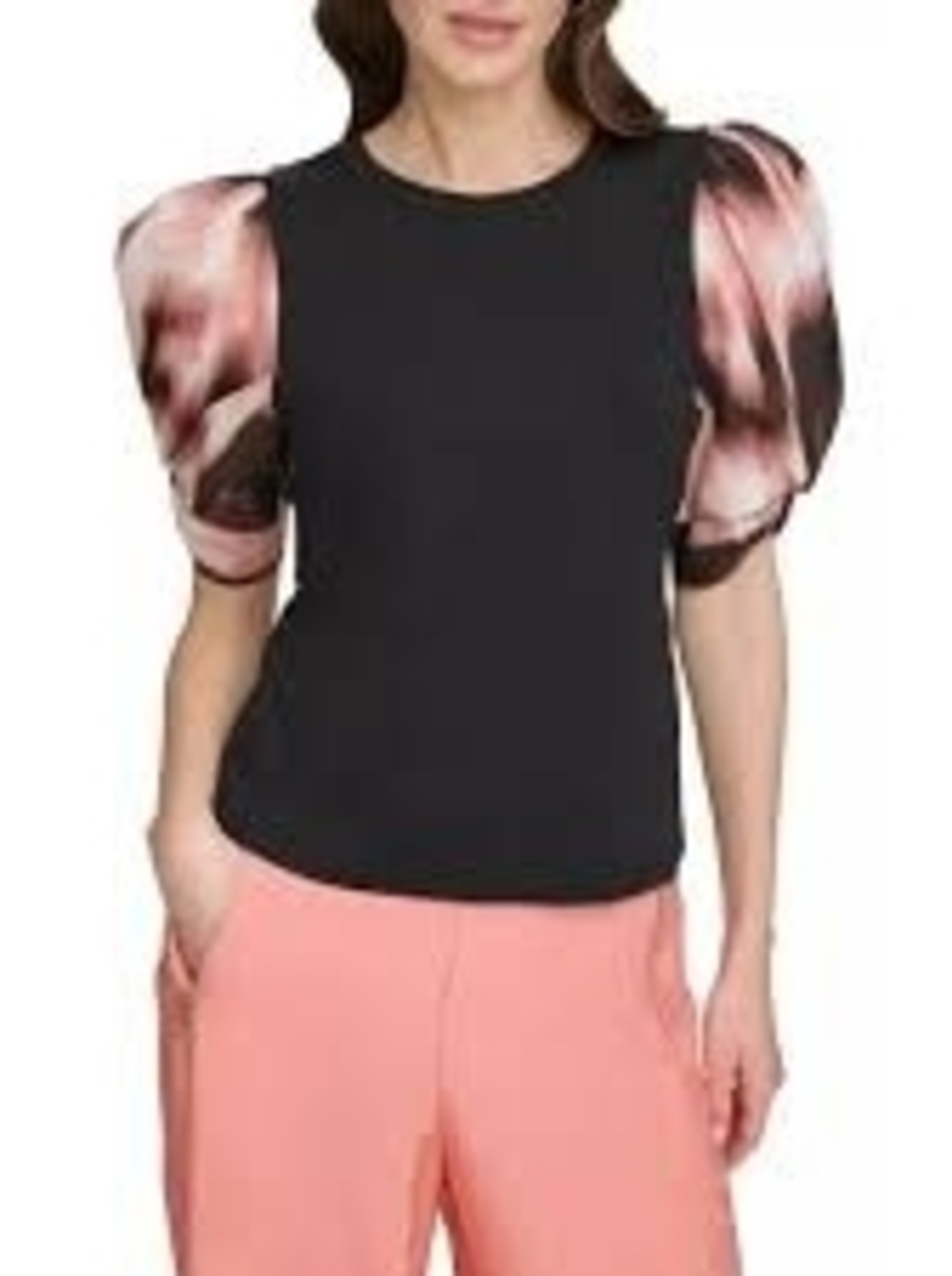Dkny Black Top with Pink Patterned Puff Sleeves